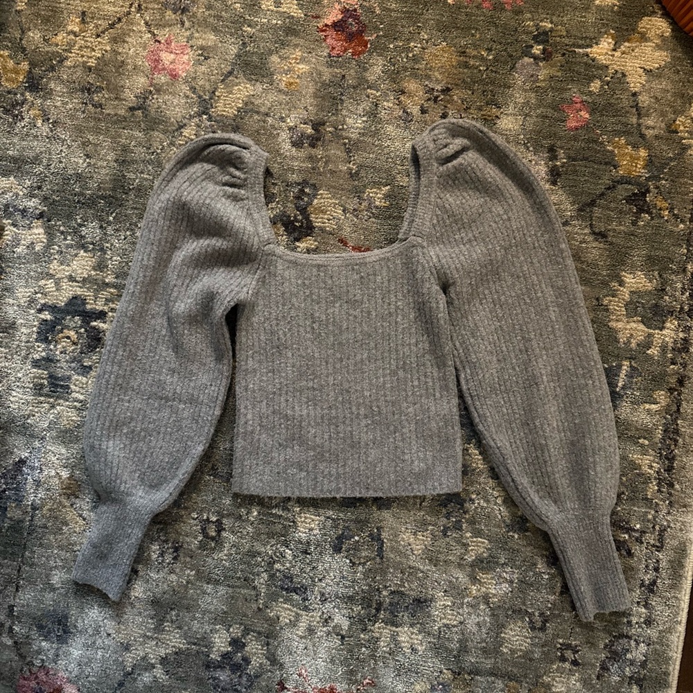 Zara Gray Crew Neck Sweater with Puff Sleeves